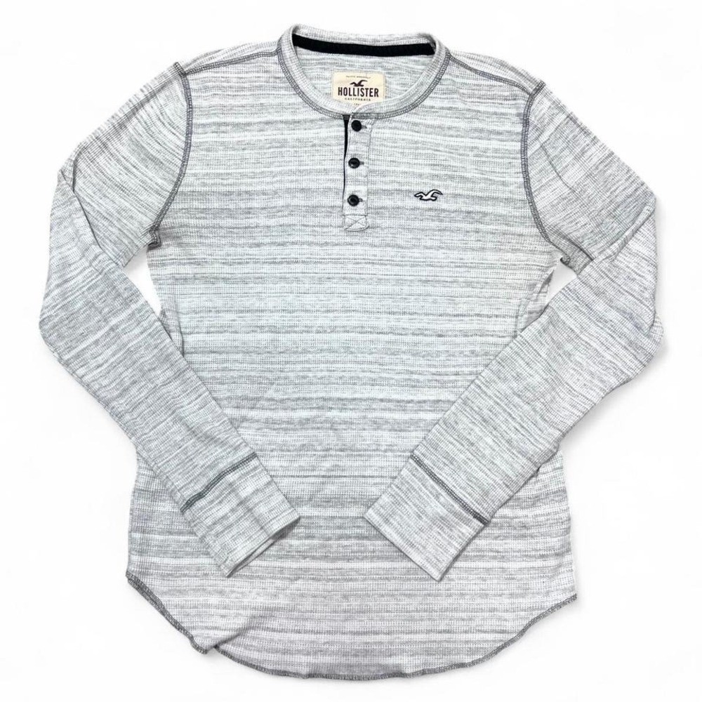 Hollister Vintage Y2K Men Long Sleeve Henley Shirt Grey Logo Waffle Knit Medium